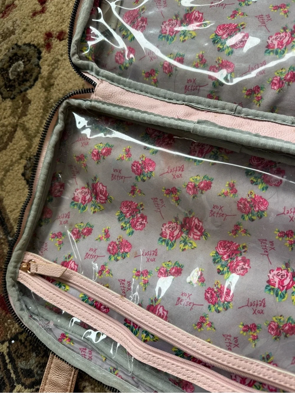 Betsey Johnson Pink Rose Gold Floral Bow Travel Cosmetic Bag